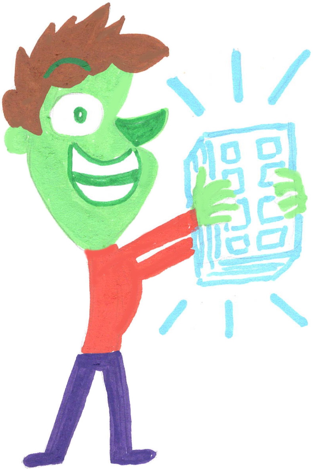 Jeff Zwirek illustration of a grinning self-publisher holding up their finished project