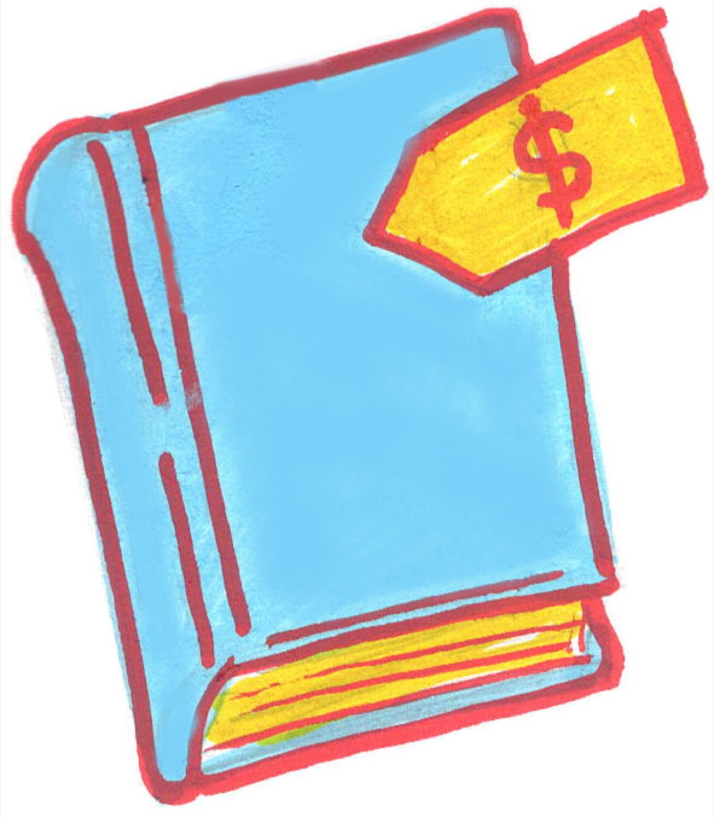 Jeff Zwirek illustration of a blue book with a golden dollar-sign price tag