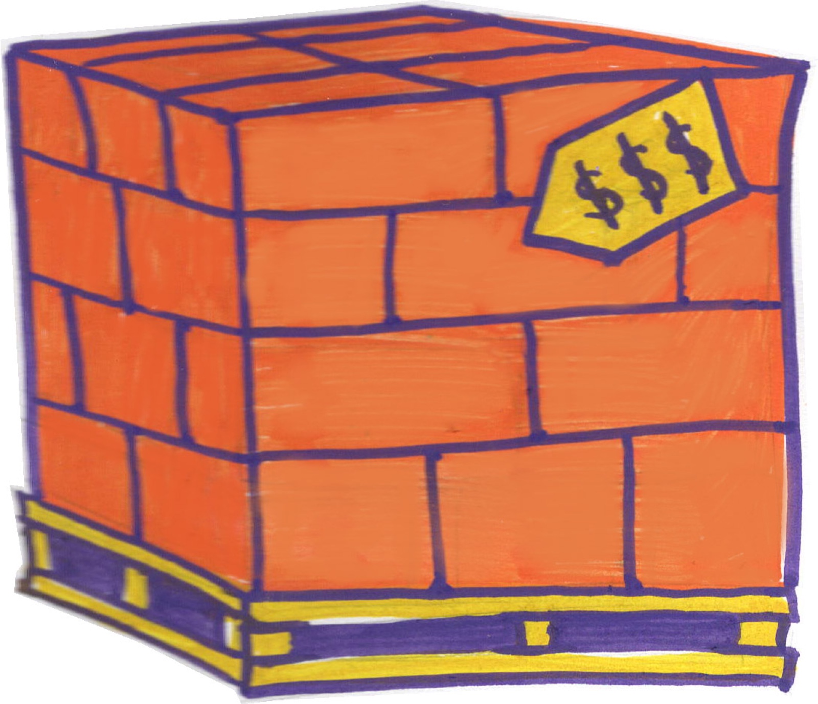 Jeff Zwirek illustration of an orange brick crate on a pallet with a dollar-sign price tag