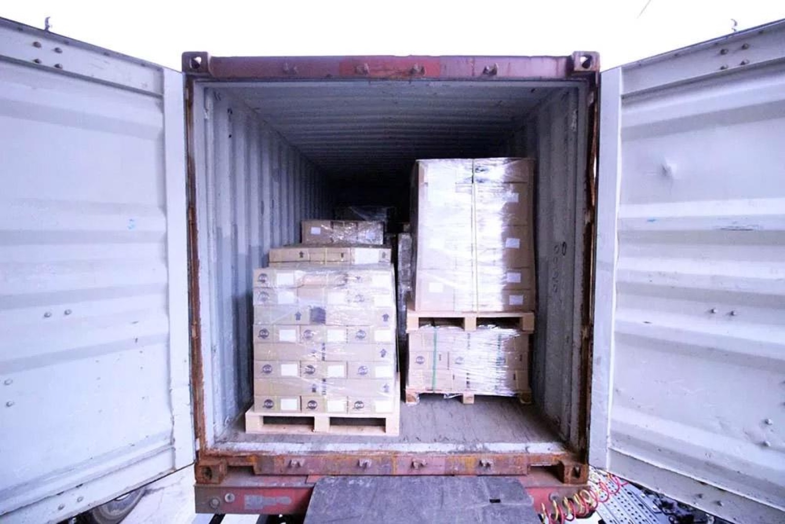 Inside a shipping container packed with palletized cartons of printed books — what storing 2,000 or more copies actually looks like