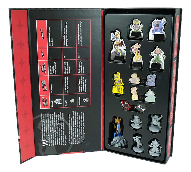 Custom miniatures inside the box with a white background