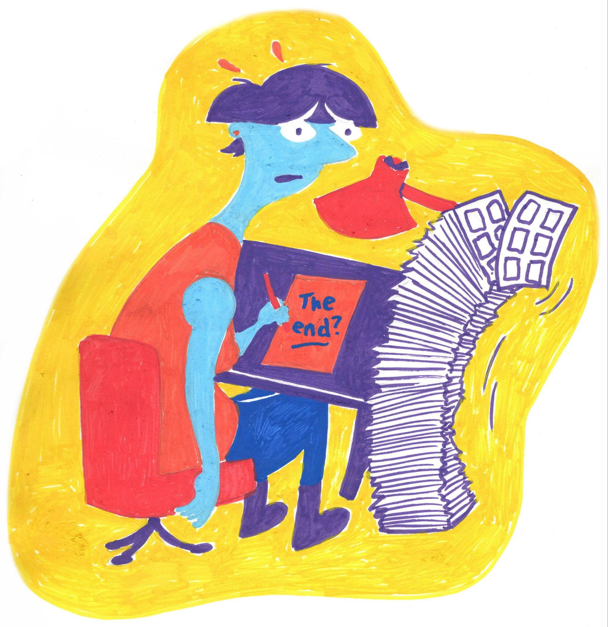 Jeff Zwirek illustration of a self-publisher slumped in a chair next to a tall stack of finished pages, holding up a sketchbook that reads 'The end?'