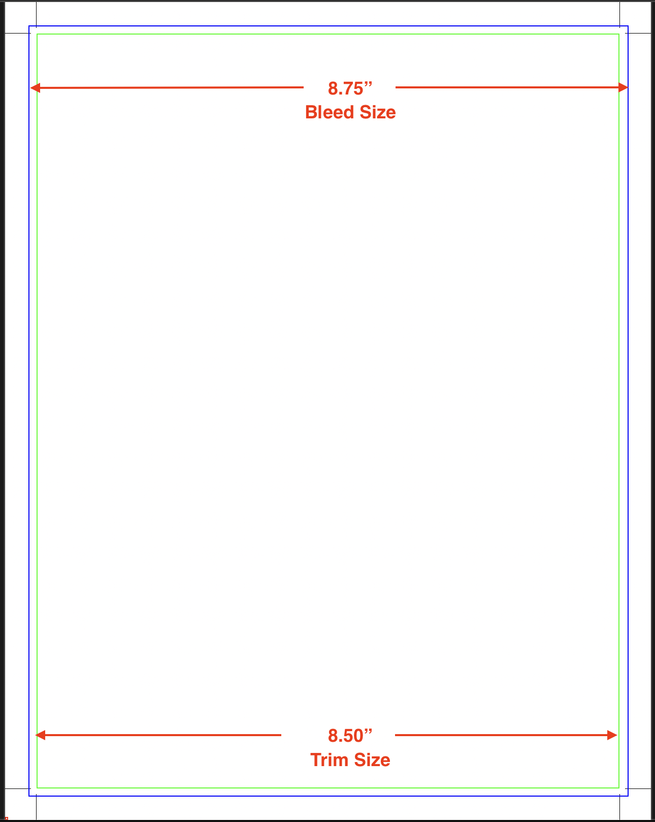 Setup diagram showing an 8.5 by 11 inch trim size inside a slightly larger 8.75 inch bleed boundary