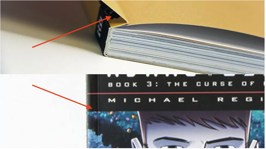 Close-up photograph of a perfect-bound book showing the glue area where the cover meets the interior pages