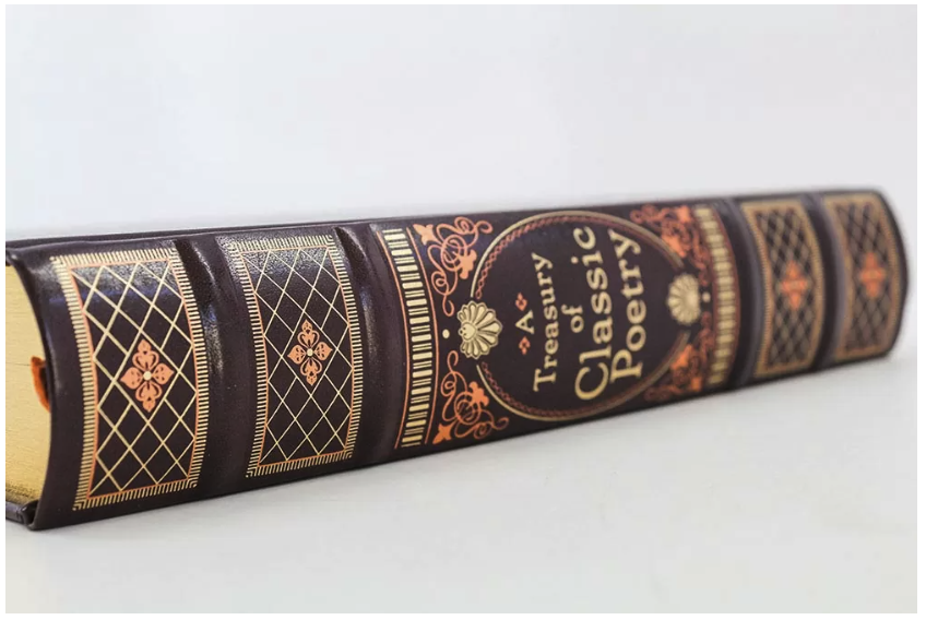 Photograph of an ornate classic-literature hardcover book showing the raised horizontal bands across the spine