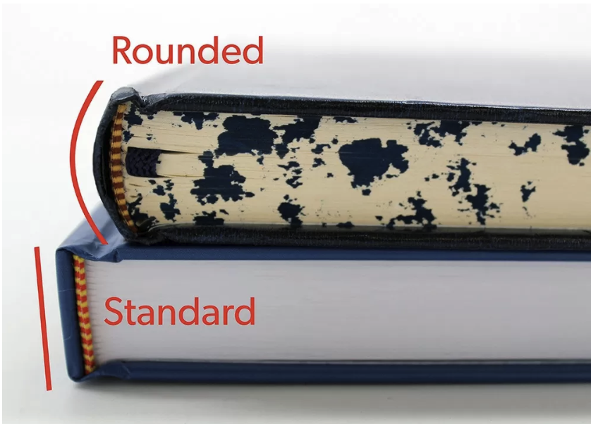 Photograph comparing a rounded hardcover spine against a standard square spine