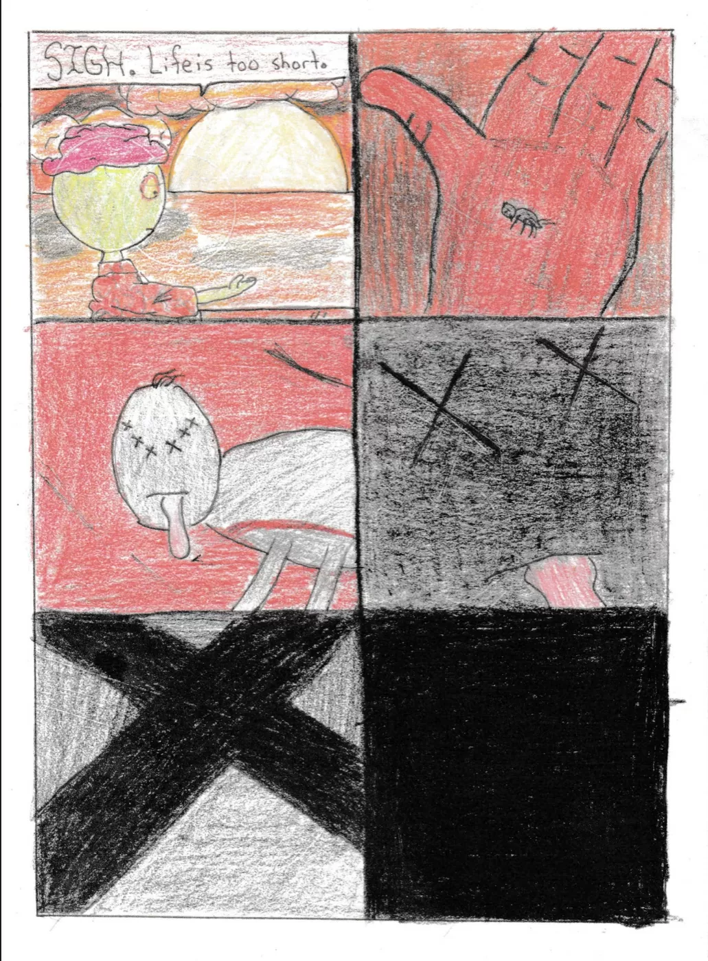 Interior six-panel page from Buon Appetito drawn in color pencils, showing the dramatic discovery of a spider in a bowl of soup with the caption 'SIGH. Life is too short.' and progressively darkening panels