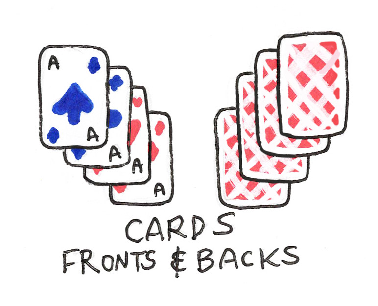 Hand-drawn sketch labeled 'Cards Fronts & Backs' showing a fanned stack of blue card fronts beside a fanned stack of red diamond-pattern card backs