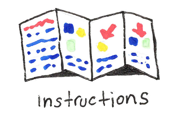 Hand-drawn sketch labeled 'Instructions' showing a multi-panel accordion-folded sheet with placeholder shapes and color marks
