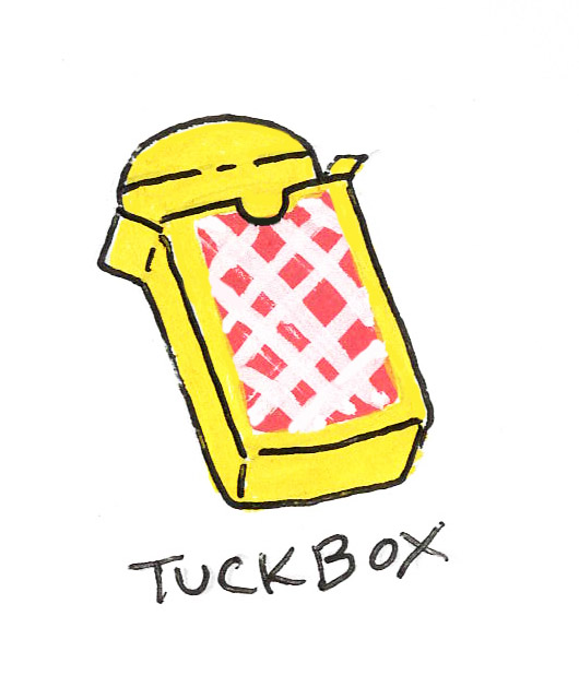 Hand-drawn sketch labeled 'Tuckbox' showing a yellow tuckbox with the flap open and a red diamond-patterned card visible inside