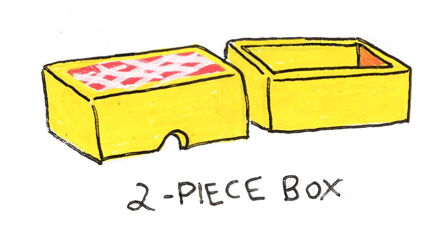 Hand-drawn sketch labeled '2-Piece Box' showing a yellow two-piece box with the top set beside the bottom tray and a card face visible on the lid