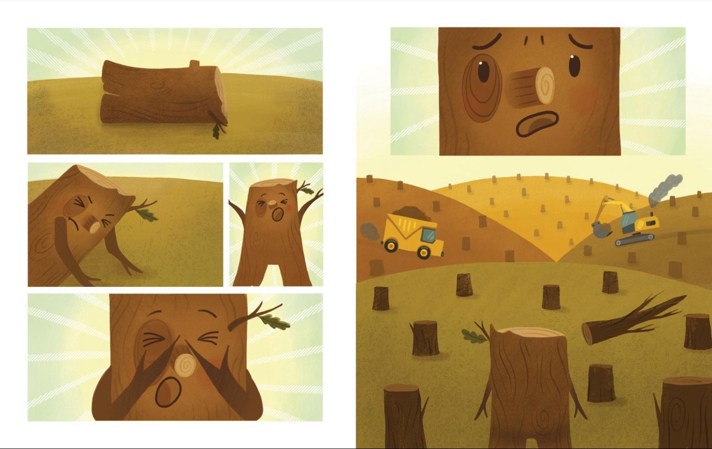 Interior spread from Do You Speak Tree? showing a multi-panel sequence of a worried tree-stump character watching a logging operation in the distance, with dump trucks and excavators clearing a hillside of trees