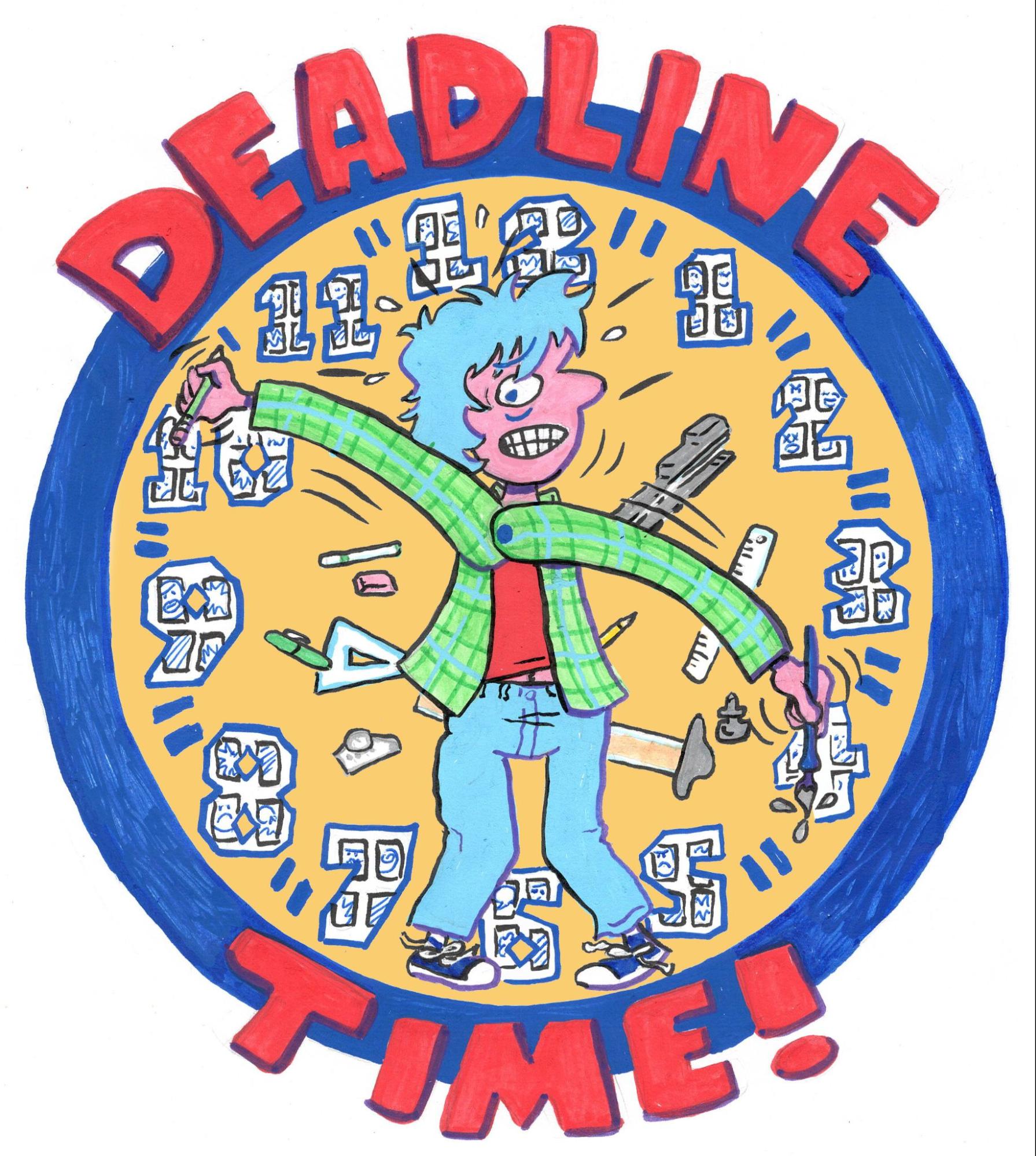 Hand-drawn illustration of a frazzled person standing inside a giant clock face, arms flung out, surrounded by scattered numbers, with bold lettering reading Deadline Time