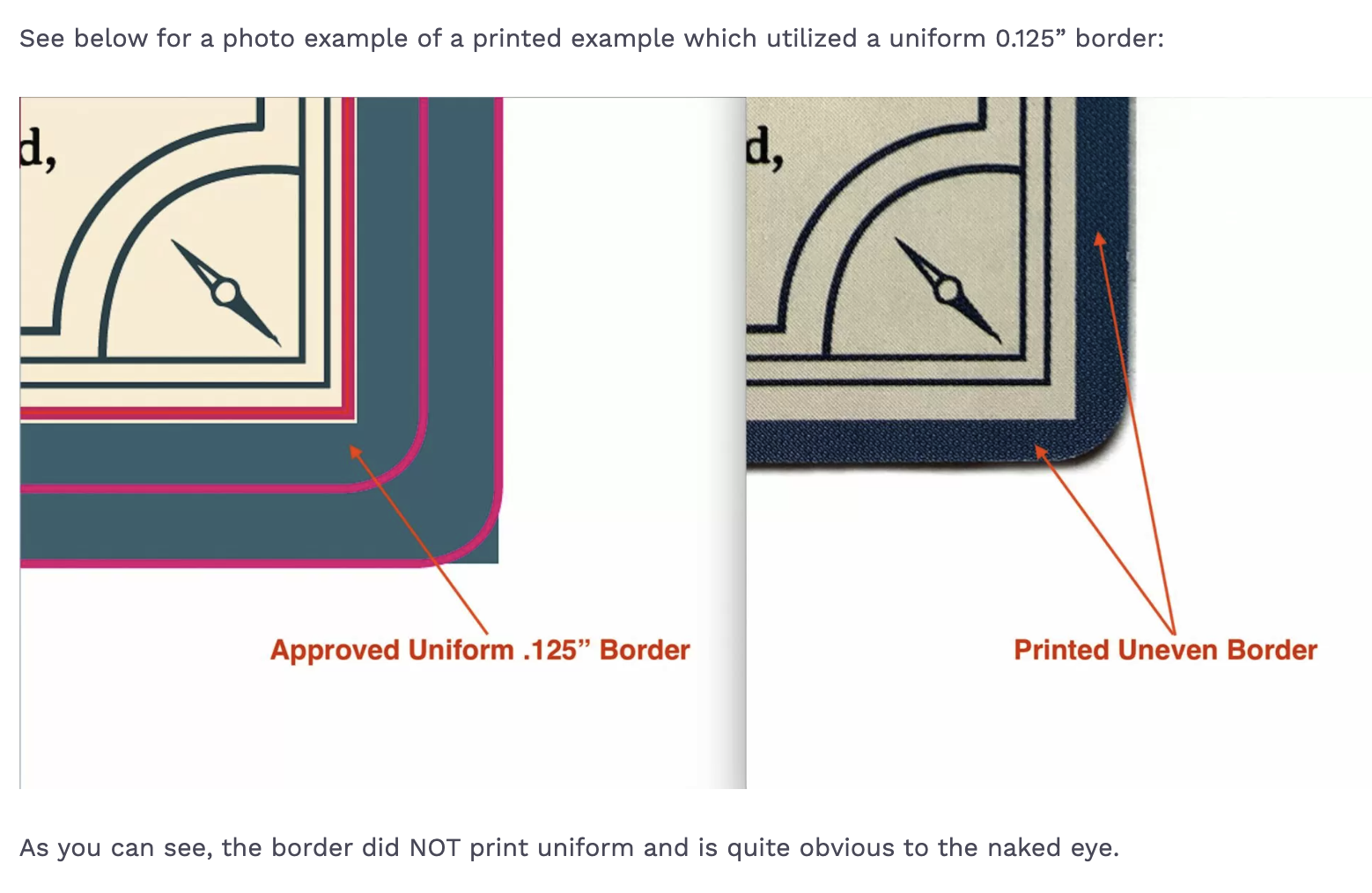Side-by-side macro photograph of two cards with the same compass-rose artwork: the left card has an approved uniform 0.125 inch border; the right card has the same border but printed unevenly because of trim variance, visibly thicker on the bottom edge and almost gone on the top