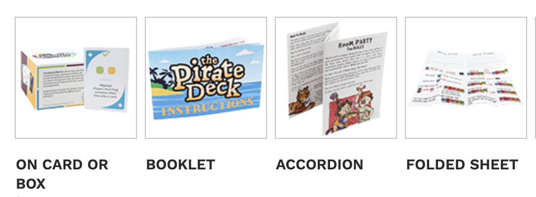 Reference grid of four instruction-format examples labeled 'On Card or Box', 'Booklet', 'Accordion', and 'Folded Sheet', each showing a real product example