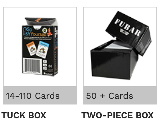 Side-by-side product photo: a small tuckbox labeled '14-110 Cards' next to a larger two-piece box labeled '50+ Cards'
