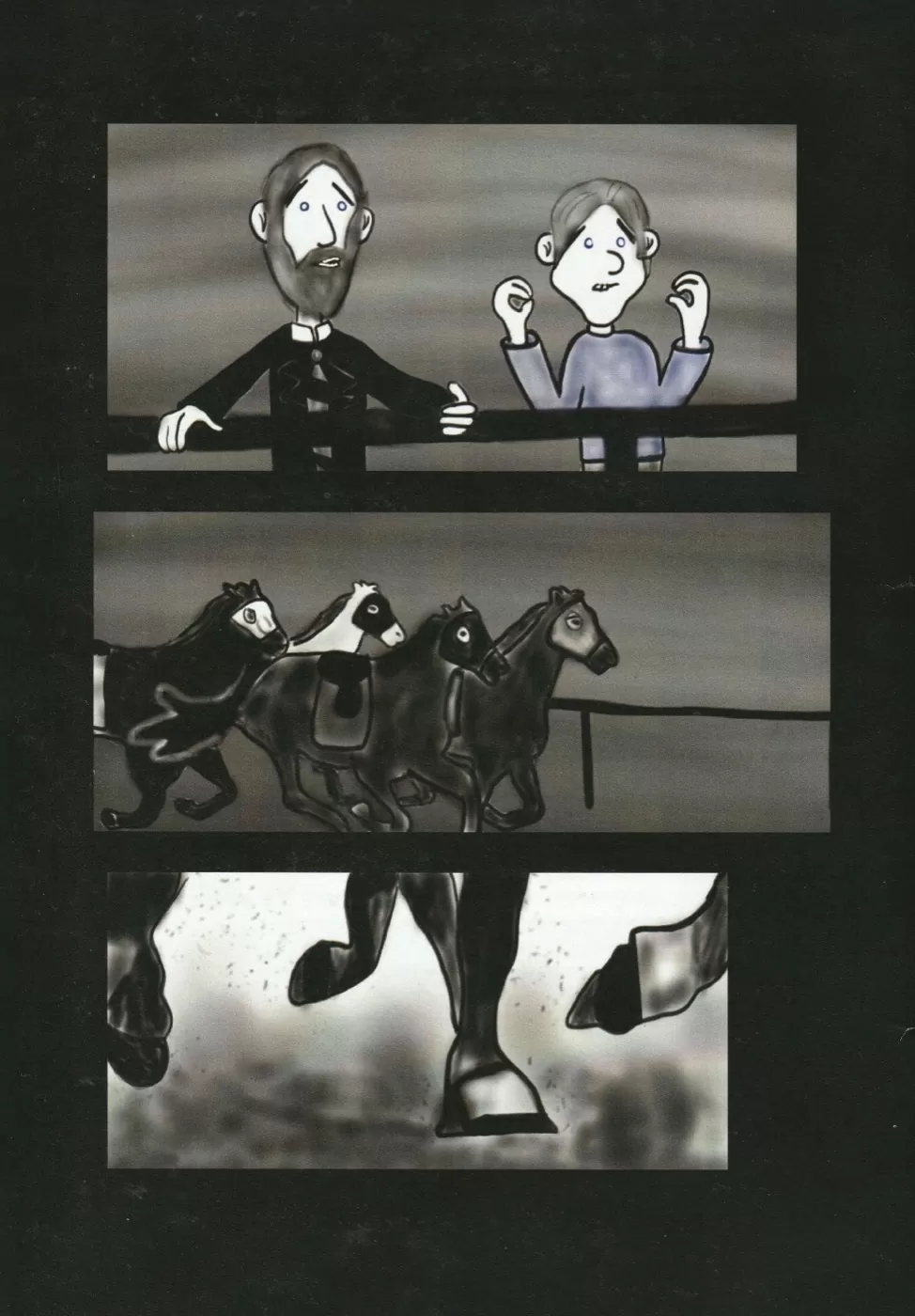 Three-panel interior page from The Rocking Horse Writer showing two figures in conversation, then a team of horses pulling a carriage, then a close-up of horses' hooves galloping