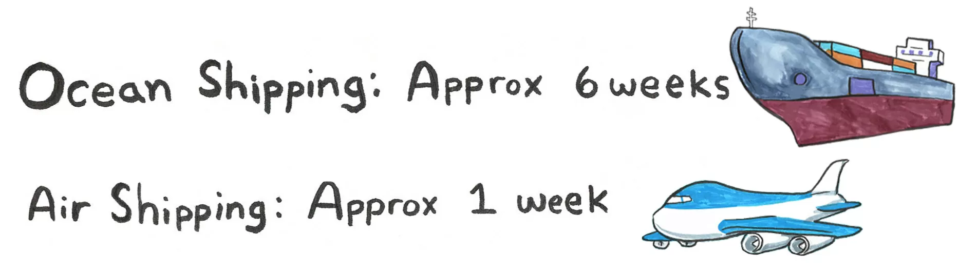 Hand-lettered diagram reading Ocean Shipping: Approx 6 weeks beside a drawing of a container ship, and Air Shipping: Approx 1 week beside a drawing of a cargo plane