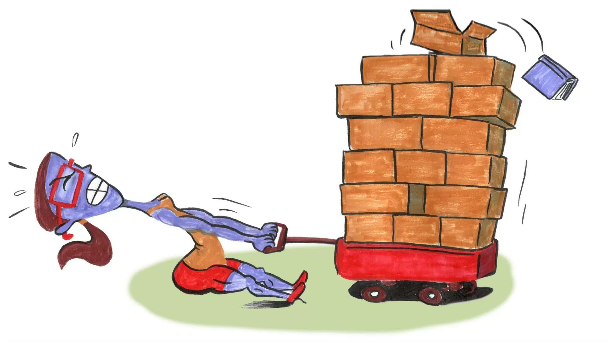 Hand-drawn illustration of a person straining to pull a red wagon stacked high with shipping cartons, one book tumbling off the top