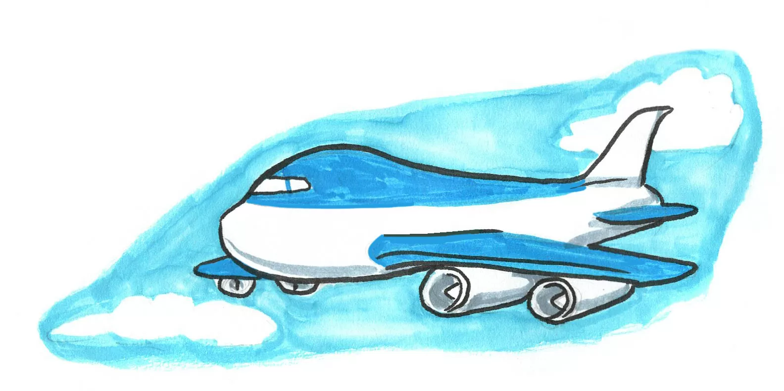 Hand-drawn blue illustration of a wide-body cargo plane flying through clouds