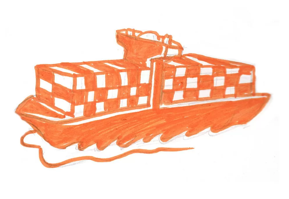 Hand-drawn orange illustration of a container ship stacked with cargo, cutting through water