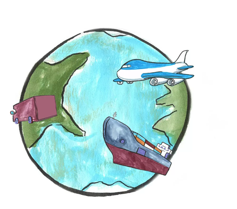 Hand-drawn illustration of the globe with a delivery truck, a cargo plane and a container ship arranged around it