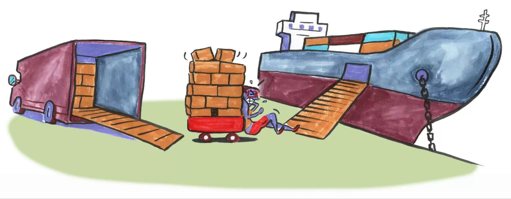 Hand-drawn illustration of a box truck with its ramp down on the left, a hand cart stacked with cartons in the middle, and a cargo ship with its ramp down on the right
