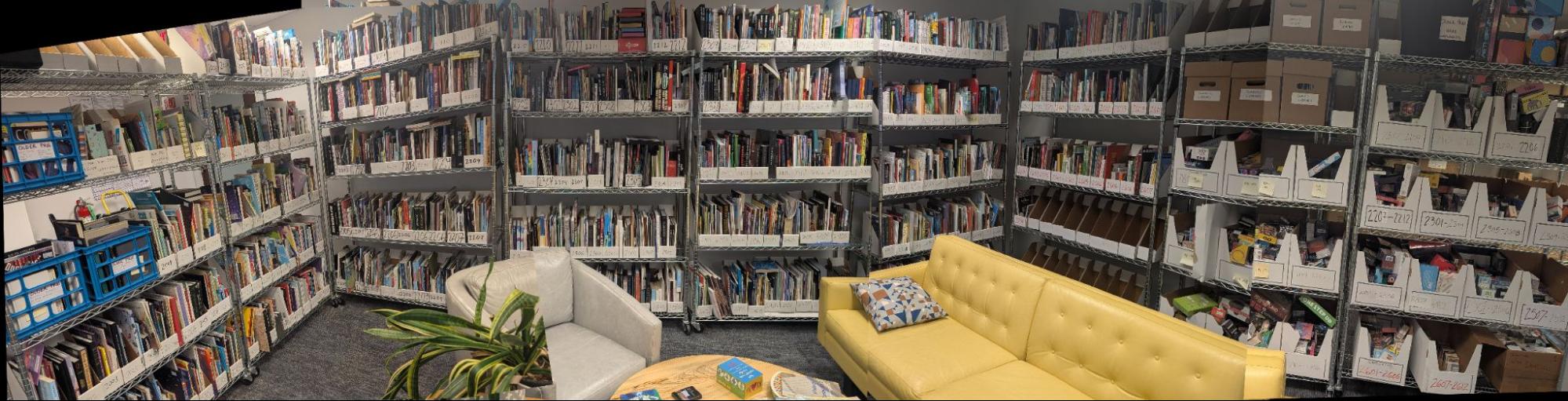 The PrintNinja Library: shelves holding one copy of every project PrintNinja has printed