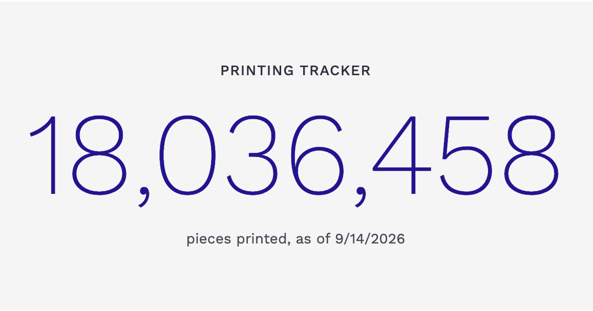 PrintNinja Printing Tracker showing 18,036,458 pieces printed as of 9/14/2026
