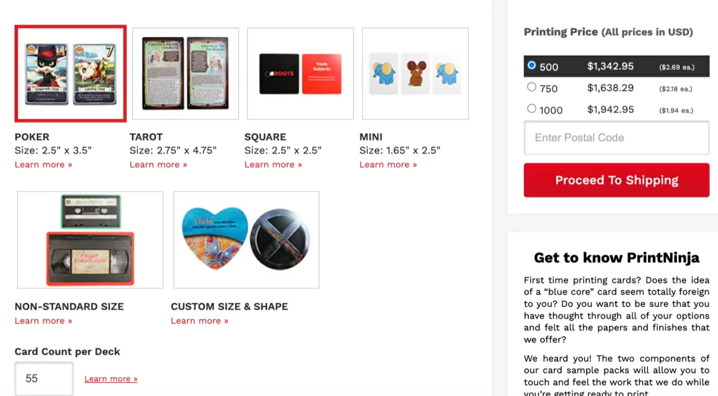 PrintNinja card game calculator, poker size, 55 cards per deck, showing $1,342.95 for 500 decks