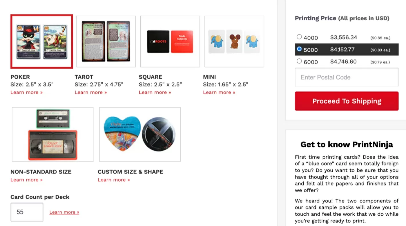 PrintNinja card game calculator, poker size, 55 cards per deck, showing $4,152.77 for 5,000 decks, $0.83 each