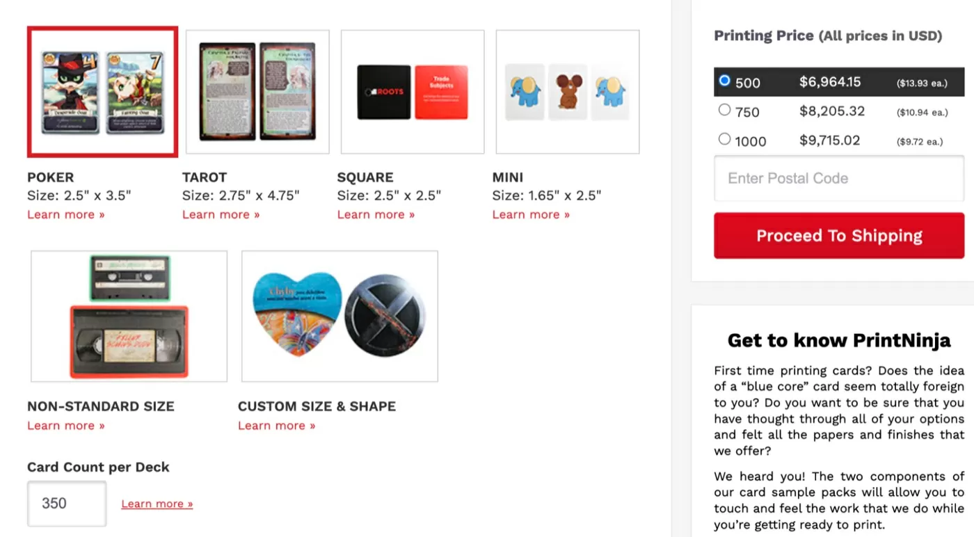 PrintNinja card game calculator, poker size, 350 cards per deck, showing $6,964.15 for 500 decks