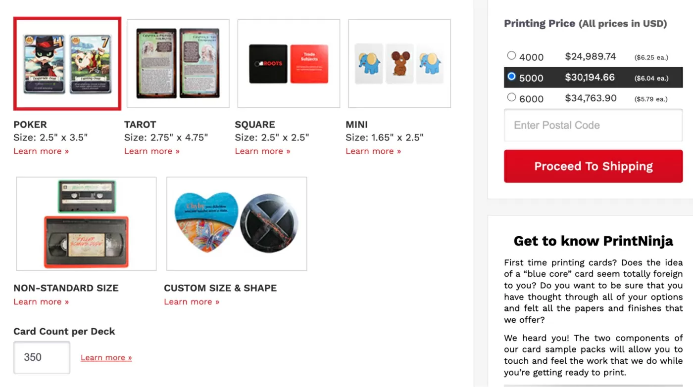 PrintNinja card game calculator, poker size, 350 cards per deck, showing $30,194.66 for 5,000 decks, $6.04 each