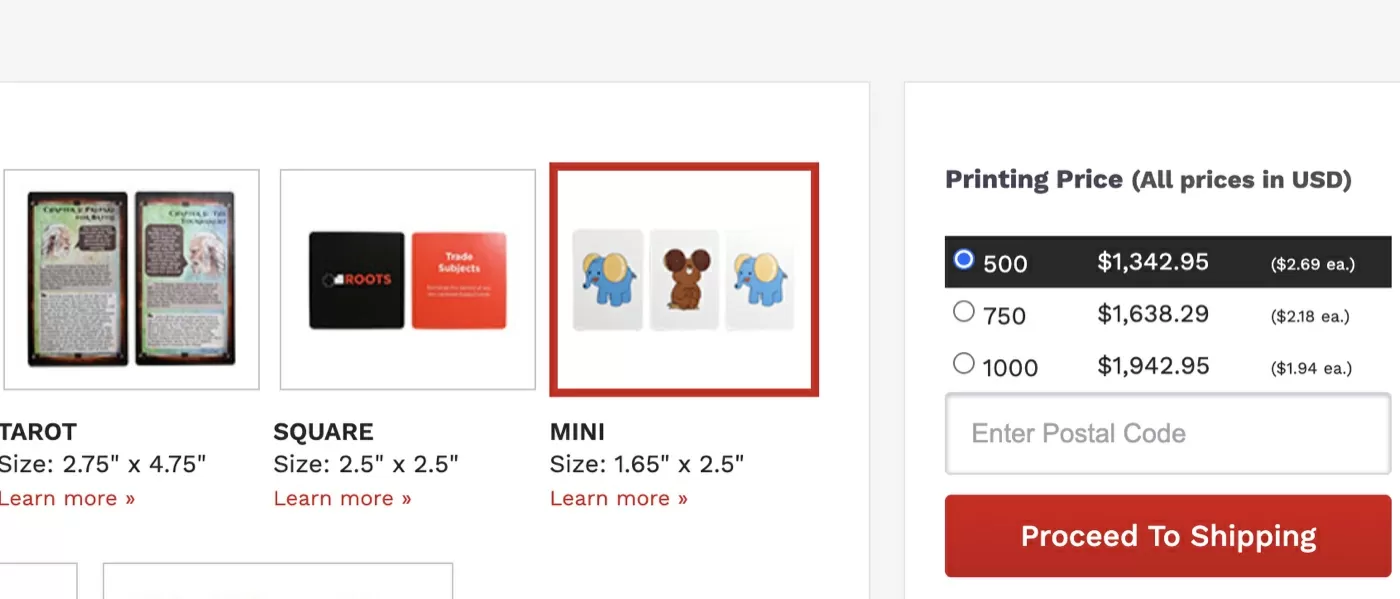 PrintNinja card game calculator with Mini size selected, 1.65 by 2.5 inches, showing $1,342.95 for 500 decks, $2.69 each