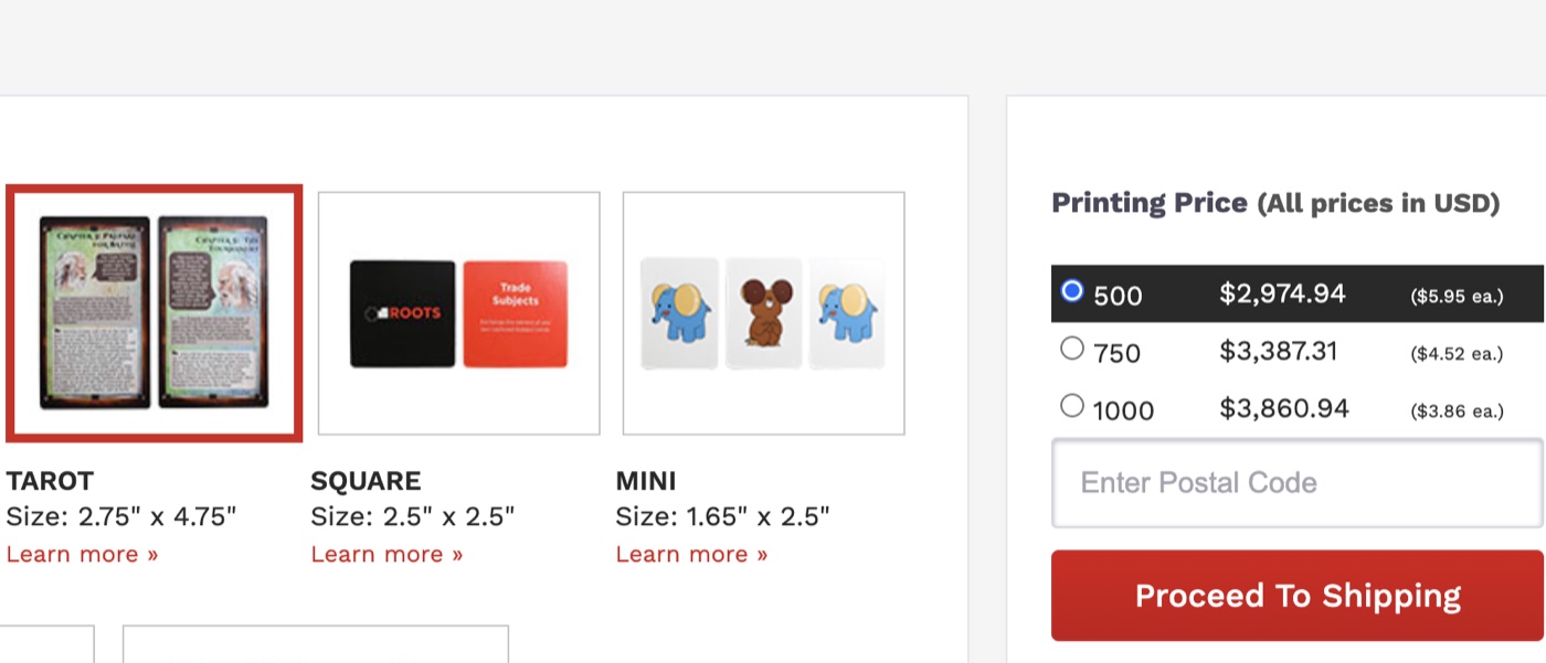 PrintNinja card game calculator with Tarot size selected, 2.75 by 4.75 inches, showing $2,974.94 for 500 decks, $5.95 each