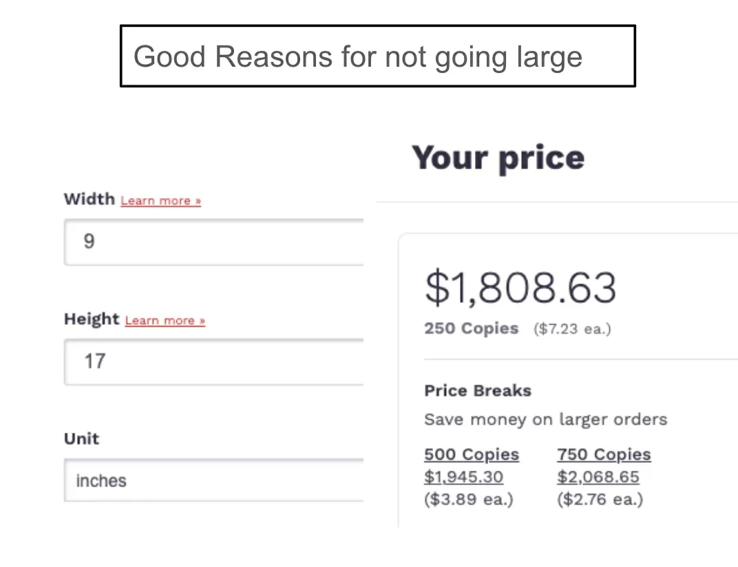 PrintNinja book calculator set to a custom 9 by 17 inch size, showing $1,808.63 for 250 copies, under a label reading Good Reasons for not going large
