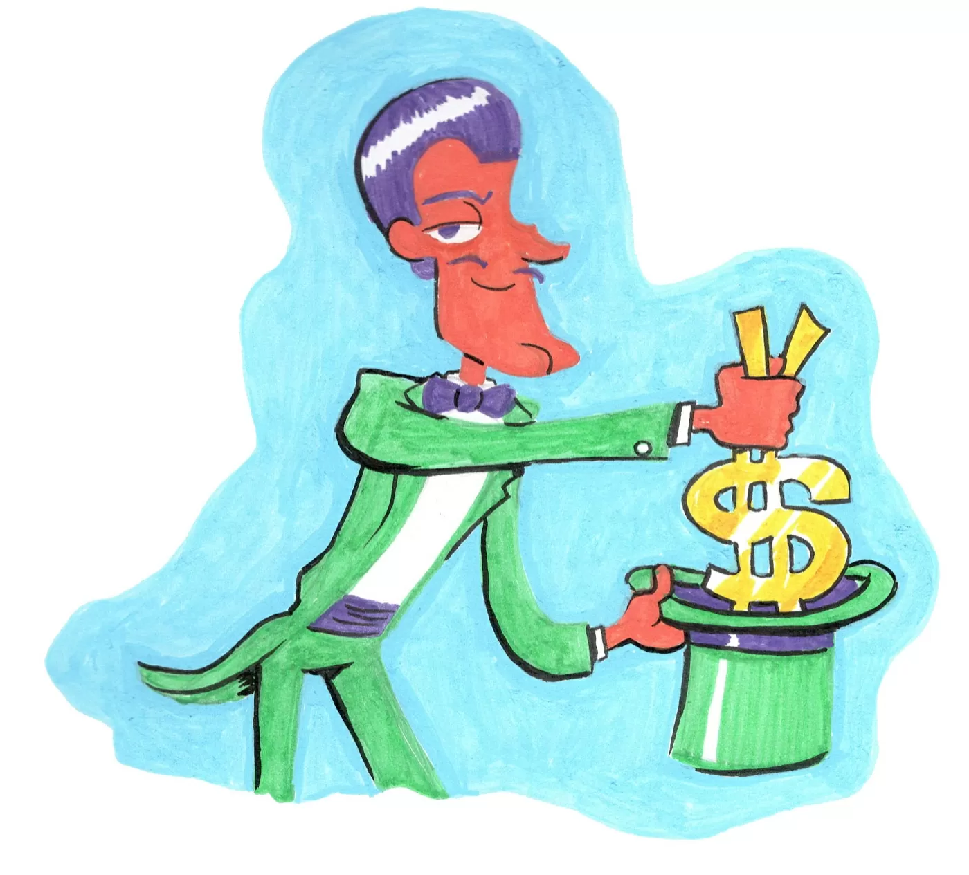 Hand-drawn illustration of a grinning magician in a green tuxedo pulling a gold dollar sign out of a top hat