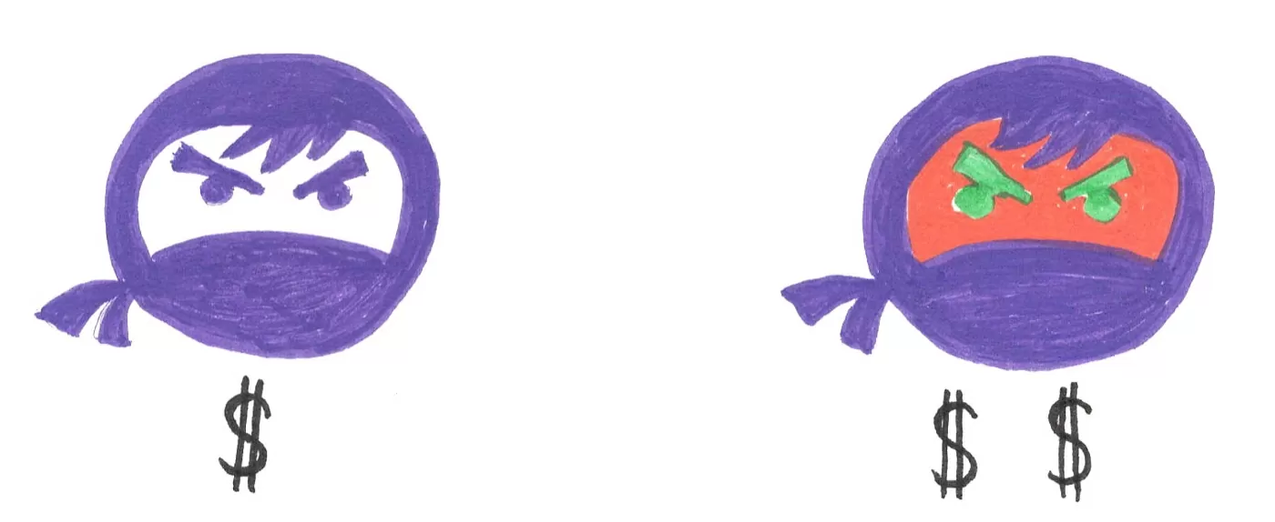 Two hand-drawn ninja heads: a black and white one above a single dollar sign, and a full color one above two dollar signs