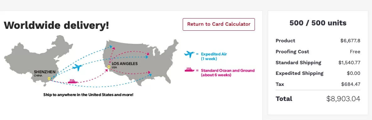Order summary for 500 units of Game B: product $6,677.80, standard shipping $1,540.77, total $8,903.04