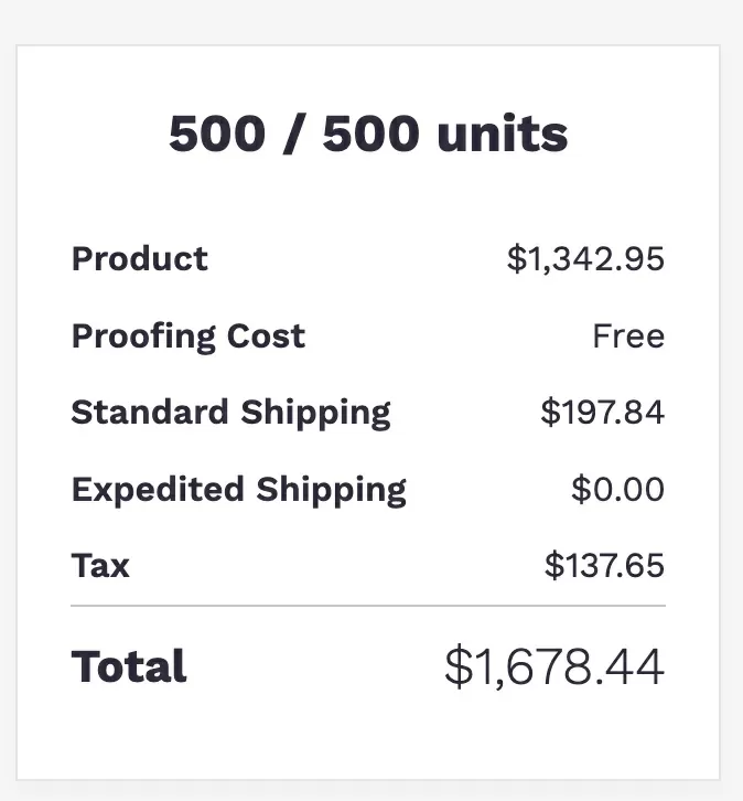 Order summary for 500 Mini decks: product $1,342.95, standard shipping $197.84, total $1,678.44