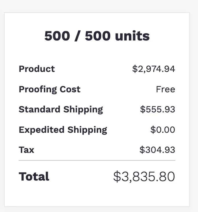 Order summary for 500 Tarot decks: product $2,974.94, standard shipping $555.93, total $3,835.80